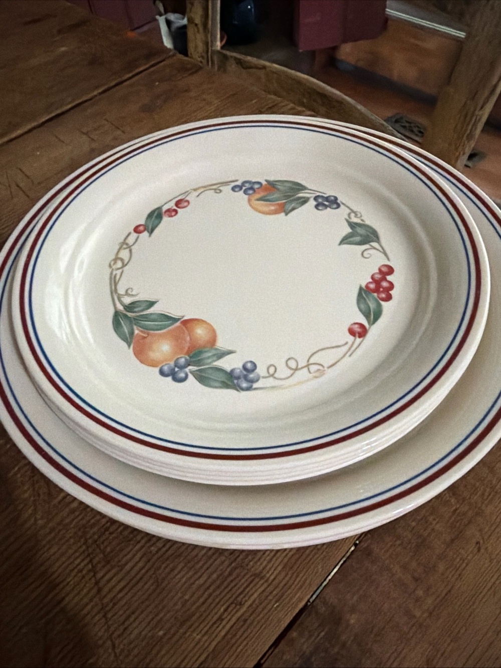 Corelle Fruit Wreath Dinner Plates with Red and Blue Rim